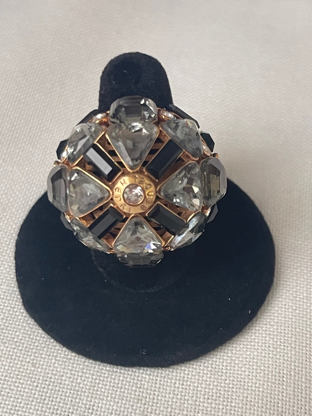 henri bendel Gold-Tone Dome Cocktail Ring with Clear and Black Stones